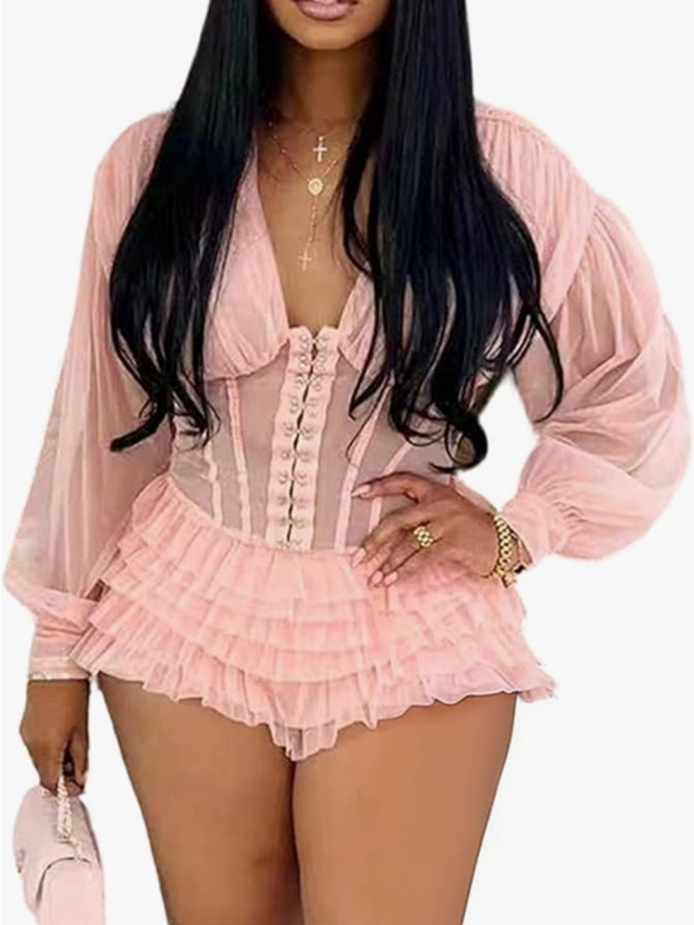 Pink Ruffle Tiered Mesh Romper